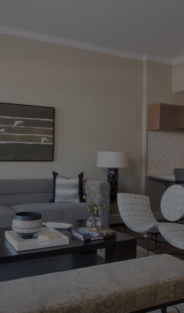 Living room area with couch and modern chairs