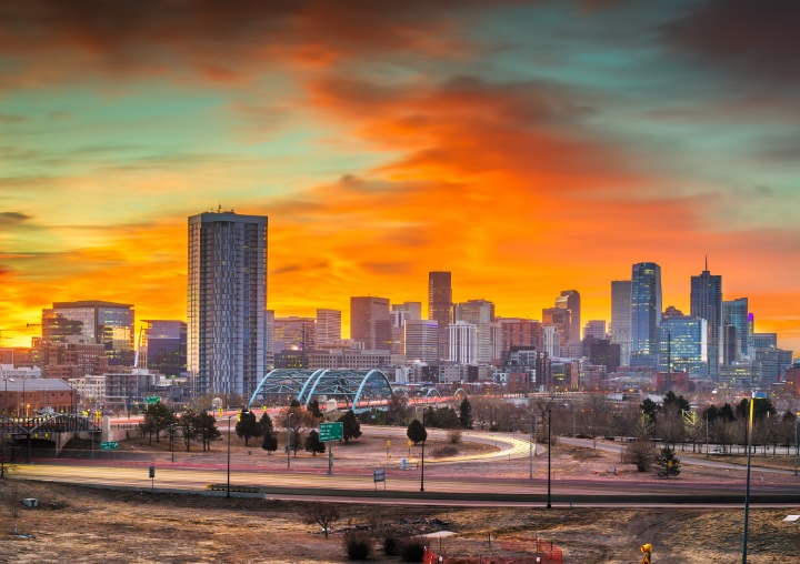 The Denver skyline at sunset.