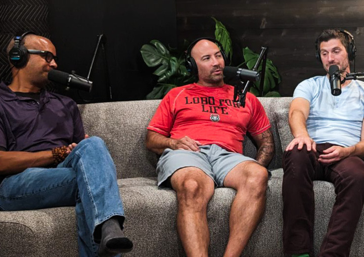 The hosts of the Harder Than Healing podcast talk on the couches in the APN Lodge recording studio.