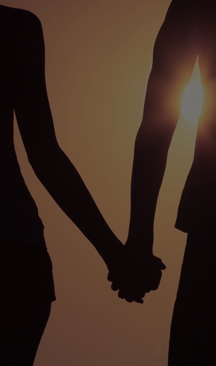 A couple holds hands at sunset.