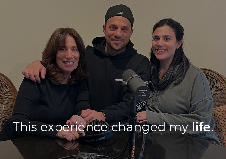 A family photo of Dan Brody with his mom, Debbie, and sister, Perri. The text overlay reads, 