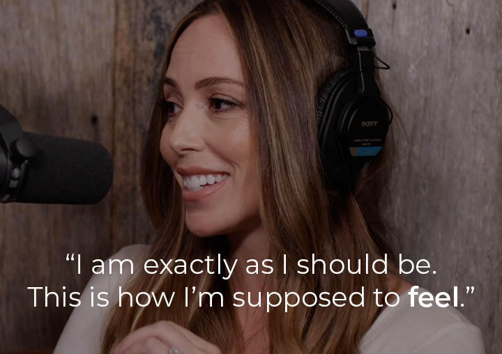 Abbey speaking into a podcast microphone with a text overlay: 