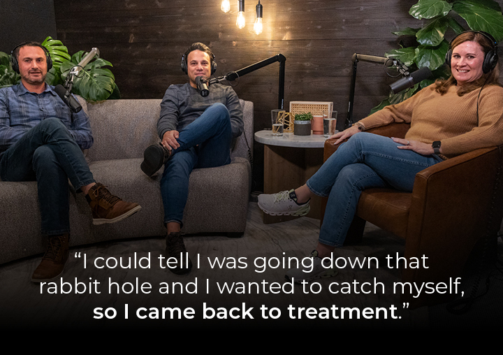 Andy, Dan, and Amy in the APN Lodge podcast studio with a text overlay: 