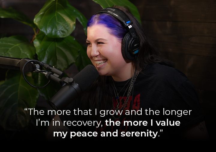 Lily speaking into a podcast microphone with a text overlay: The more that I grow and the longer I’m in recovery, the more I value my peace and serenity.