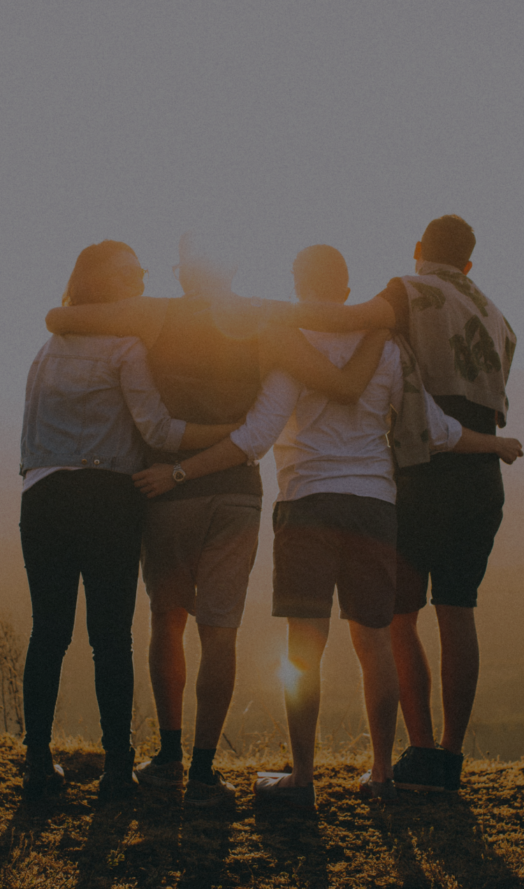 Four friends gathered on a mountaintop watching the sun set.