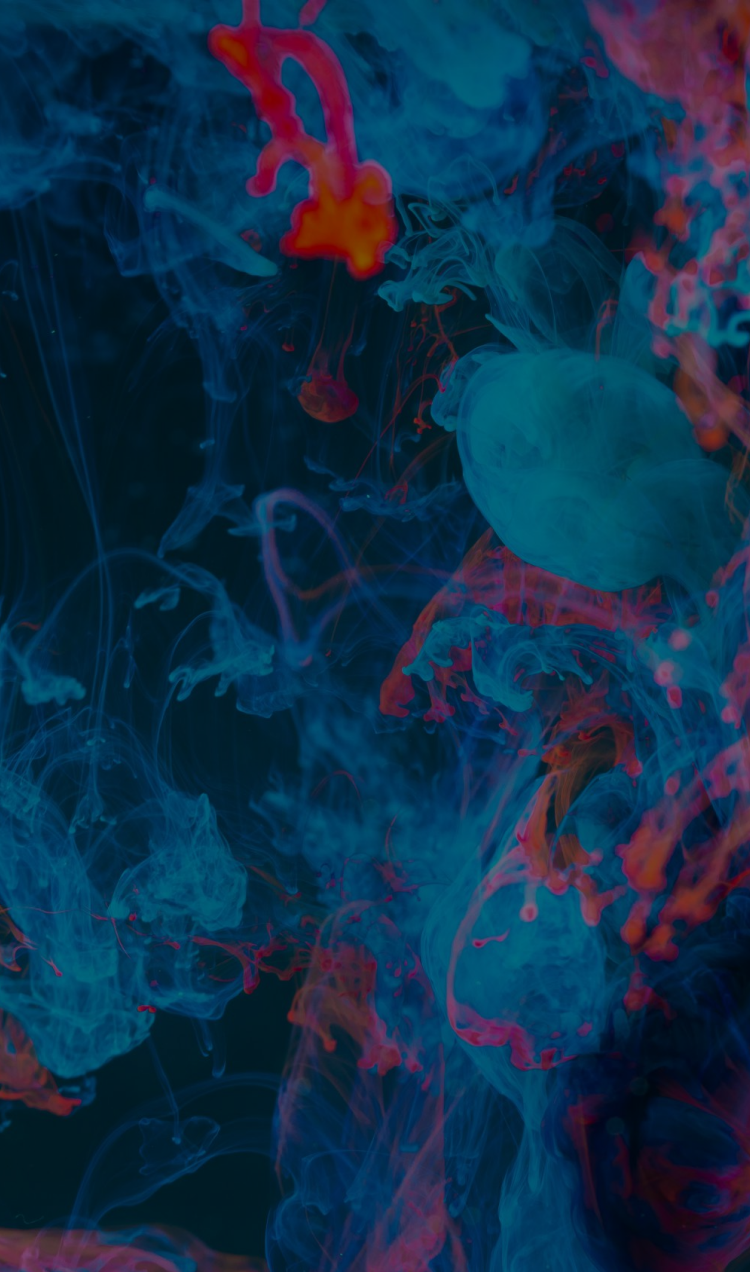 Multicolored paint swirling and floating in water.
