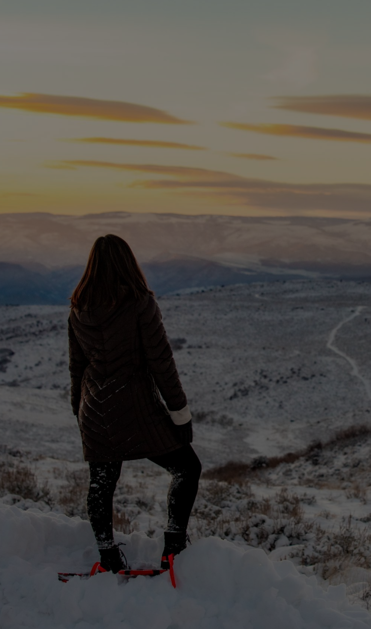 A woman stands at the top of a hill, overlooking the snowy Colorado landscape below.